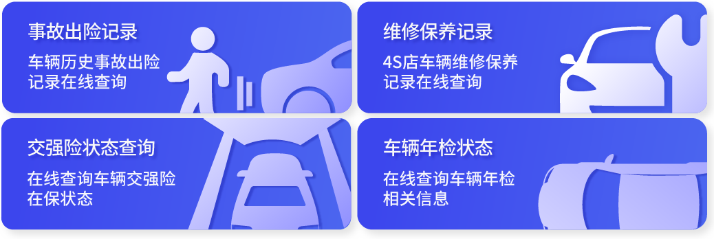 事故出险记录查询，维修保养记录查询，交强险状态查询，车辆年检状态查询